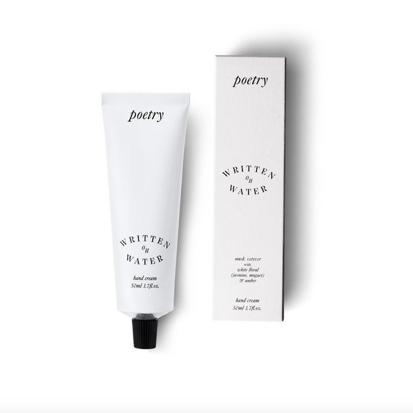 Poetry is a perfumed hand cream made with natural ingredients by Written on Water. This fast-absorbing cream will turn your hands super soft and hydrated.   It features am amazingly blended perfume of fresh mossy amber, musk, vetiver and bergamot. The name 'poetry' came because of its smell which reminds us of a peaceful and poetic scenery at dawn. 
